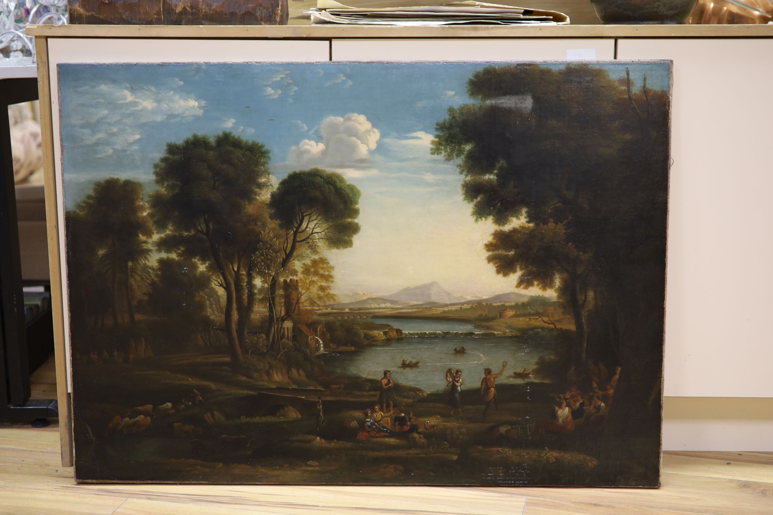After Claude Lorrain, oil on canvas, Classical landscape, Simon Dickinson label verso, 76 x 107cm, unframed